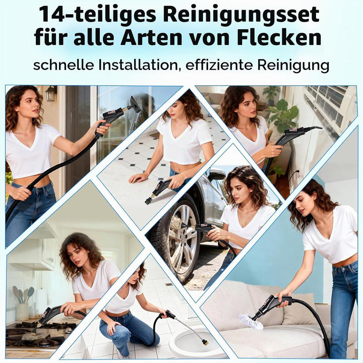 Dampfreiniger Handgerät mit 14 Zubehör, 1500W Mehrzweck Steam Cleaner, Dampfdruck 3Bar, Aufheizzeit