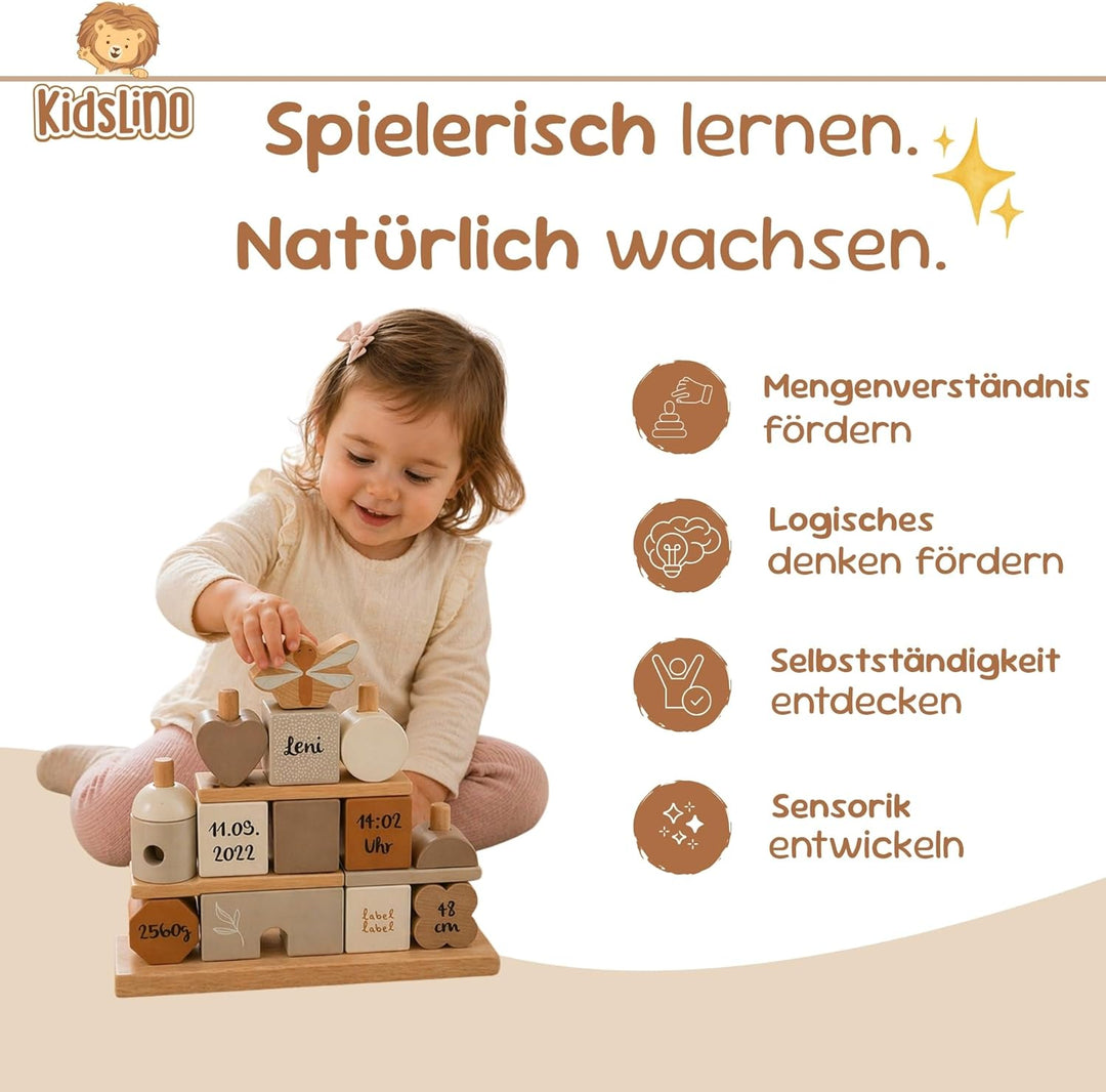 Personalisiertes Holz Steckspiel Haus Nougat – Baby Geschenk zur Geburt für Jungen & Mädchen – mit N