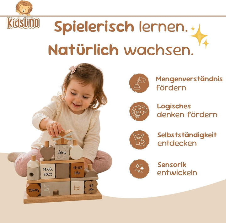 Personalisiertes Holz Steckspiel Haus Nougat – Baby Geschenk zur Geburt für Jungen & Mädchen – mit N