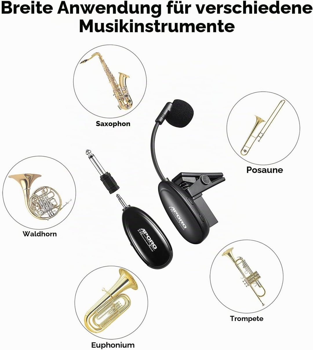 VOEMPHI 2.4G Drahtloses Saxophon Mikrofon Clip auf Musikinstrumente Mikrofon, Drahtloser Empfänger u