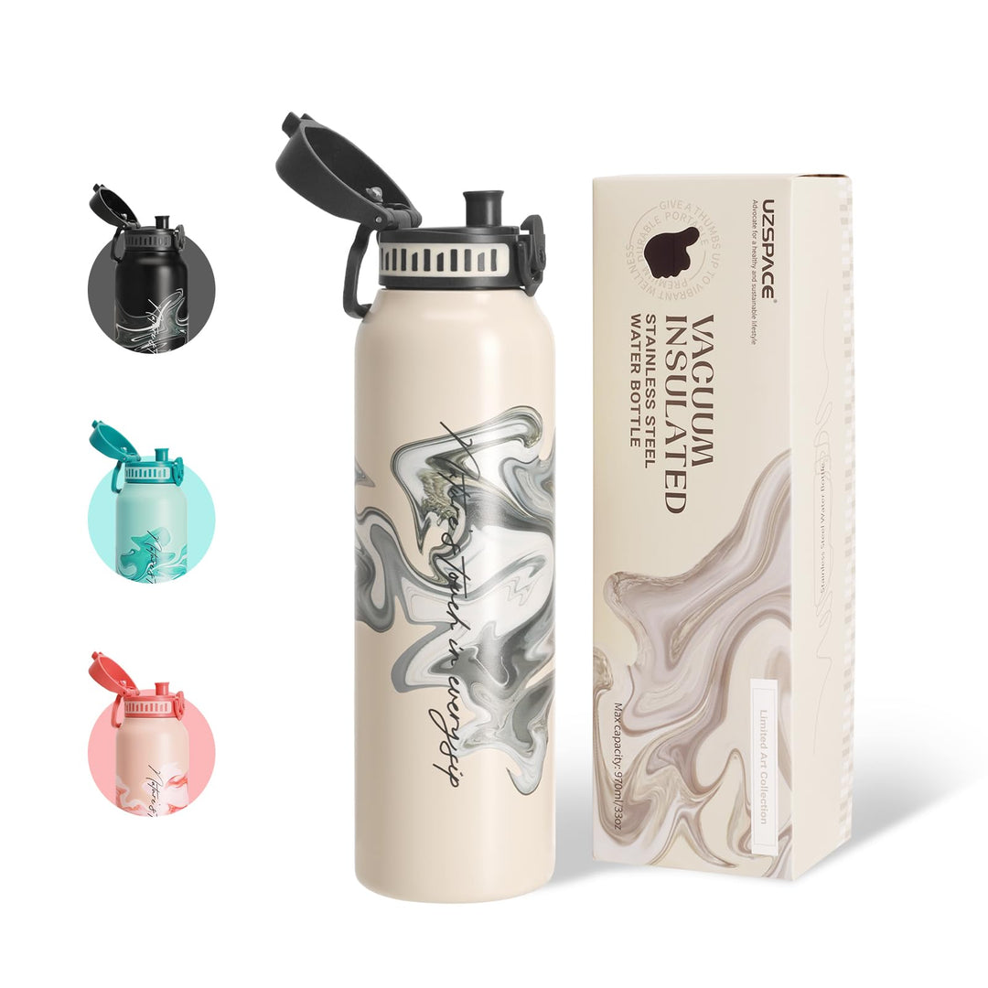 UZSPACE Edelstahl Trinkflasche 1l (970ml), Isolierte Thermosflasche mit 1-Klick-Öffnung, 100% Auslau