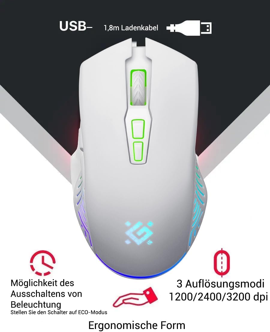 Defender® Pandora Kabellose Gaming Maus - Geräuschlose Klicks - 5 programmierbare Tasten - RGB-Beleu