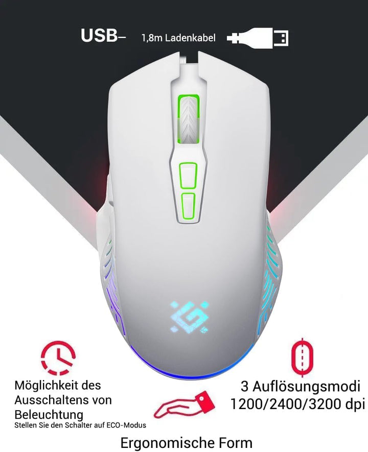 Defender® Pandora Kabellose Gaming Maus - Geräuschlose Klicks - 5 programmierbare Tasten - RGB-Beleu