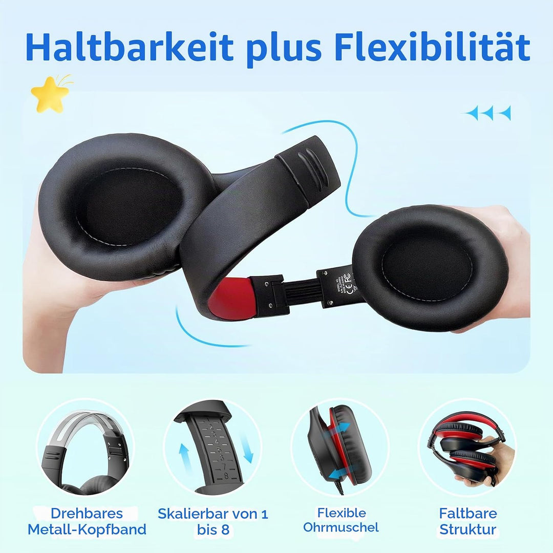 EarFun Kinder Kopfhörer mit LED-Leuchten, USB-C Kabel, 85dB Lautstärkenbegrenzer, HD-Mikrofon, Faltb