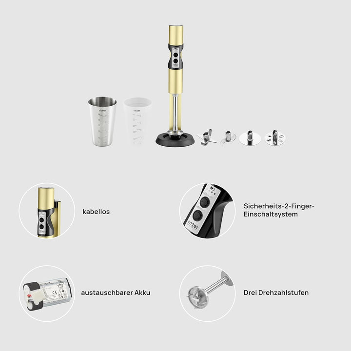 ritter stilo 7 Plus kabelloser Stabmixer, Pürierstab mit Akku aus Vollmetall, Made in Germany, Gold
