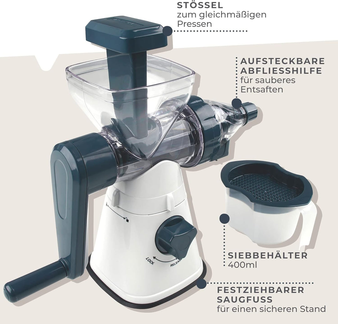 FACKELMANN Fruchtsaftpresse, Edelstahl, Weiss, Blau und Transparent, 30 x 13 x 26cm