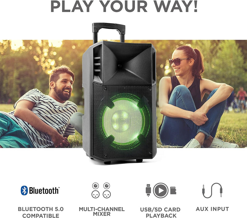 ION Audio Power Glow – 300-Watt Bluetooth-Lautsprecher mit Karaoke-Mikrofon, Lichtern, Multikanal-Mi