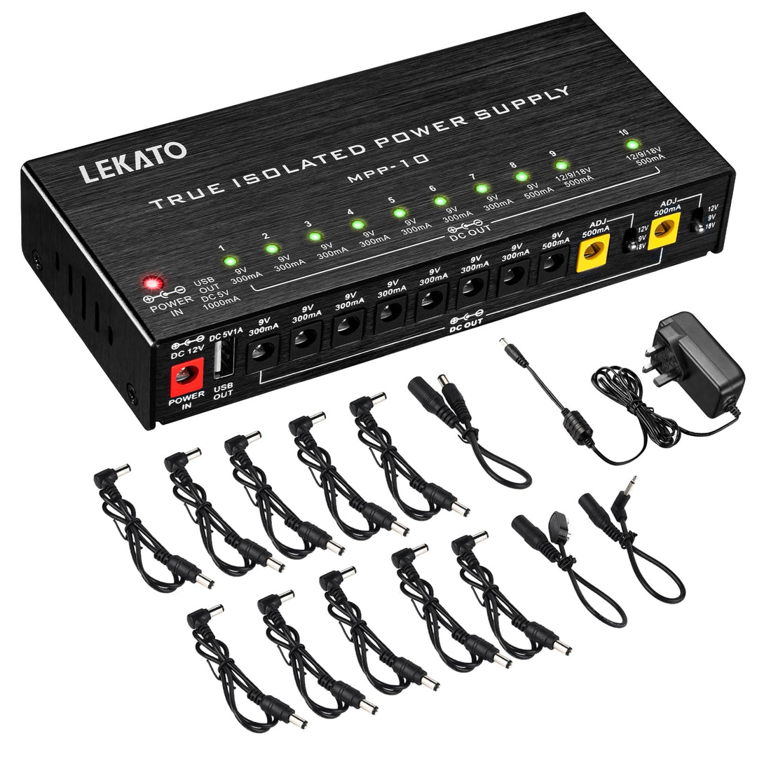LEKATO Gitarre Pedal Netzteil, 10 Isolierte Ausgang für 9V/12V/18V, Effektpedal-Netzteil für E-Gitar