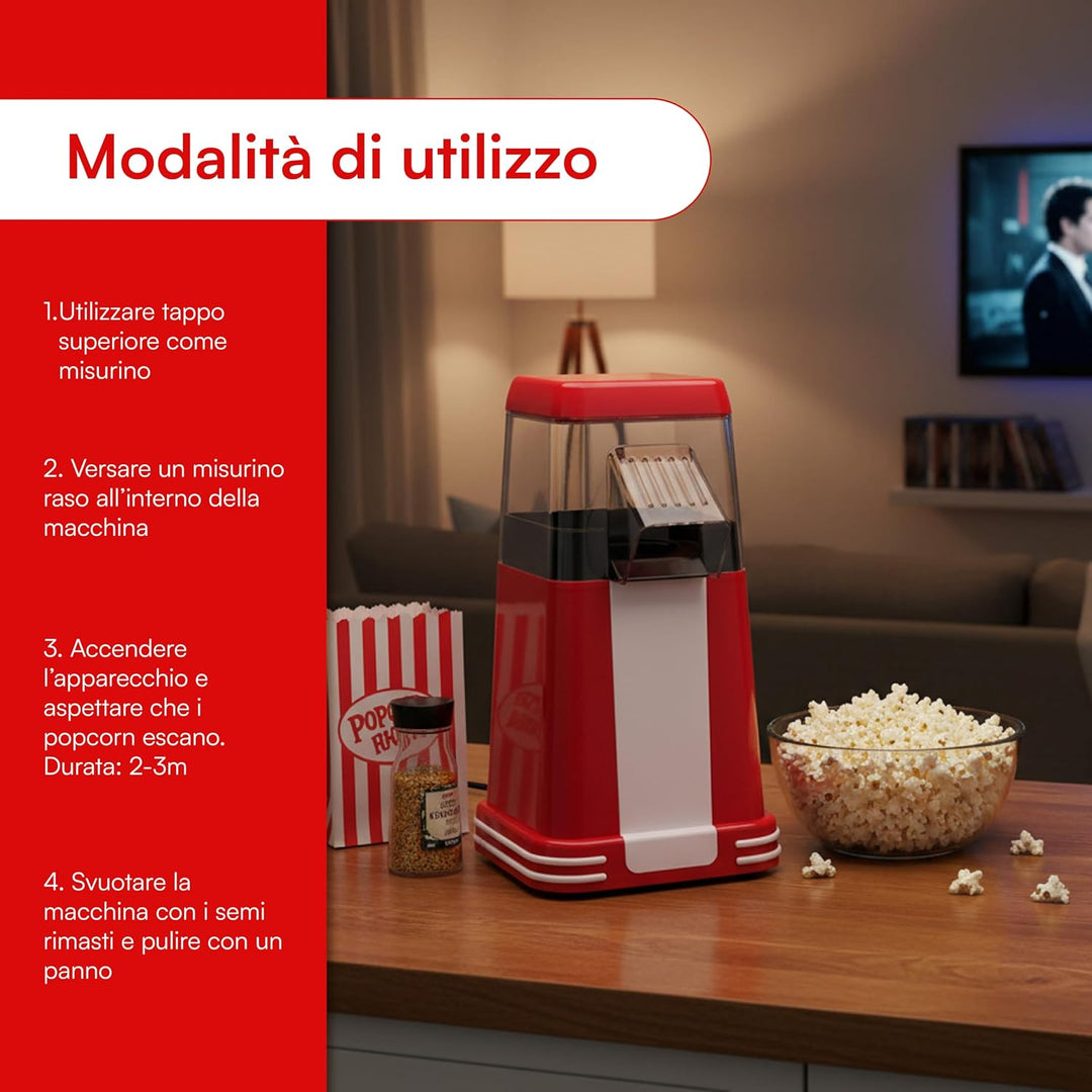 Baroni Home Popcorn Maschine mit Heissluft 1200 W, ohne Öl und Fett, Popcorn in 2-3 Minuten, Dosierd