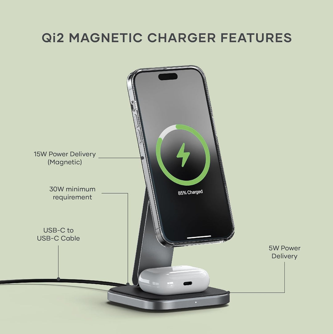 SATECHI 2-in-1 Kabelloses Ladegerät, Qi2 15W Dual-Wireless Ladeständer, magnetische, Faltbare Reisel