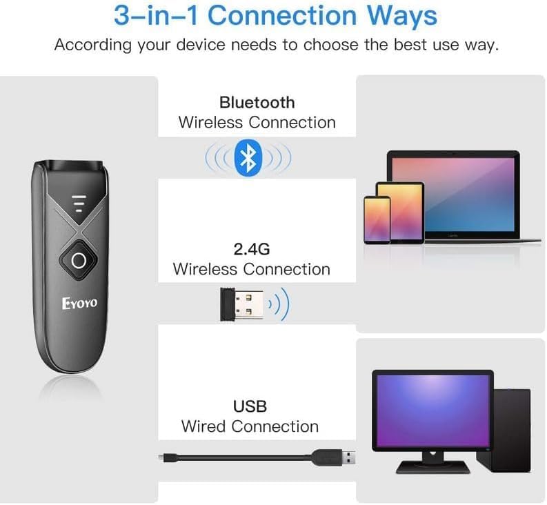 2er-Pack Eyoyo Mini-Bluetooth-Barcode-Scanner für Bibliotheken, kabelloser 2D-Scanner, kompatibel mi