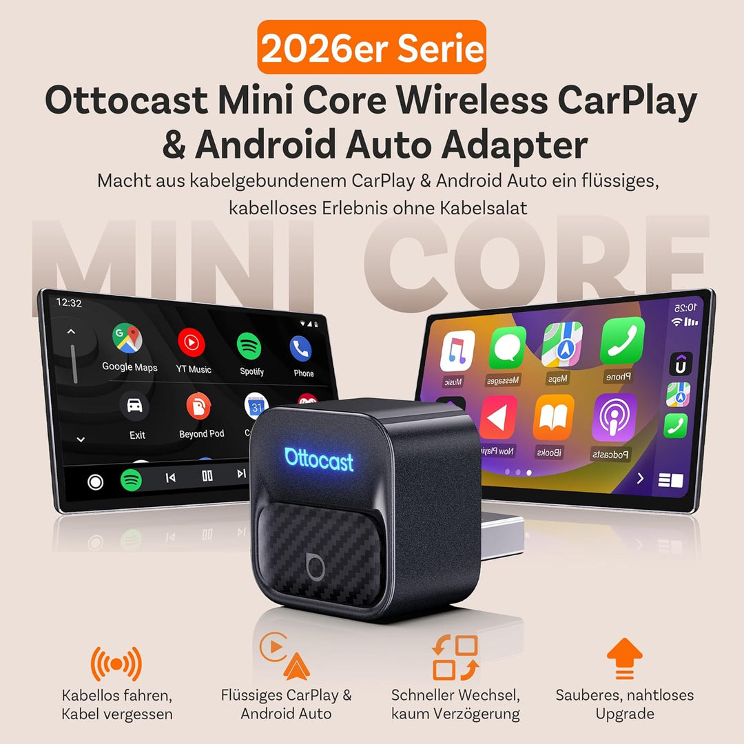Ottocast Mini Core 2026 Kabelloser CarPlay Adapter & Android Auto Adapter, Plug & Play, Handy-Wechse