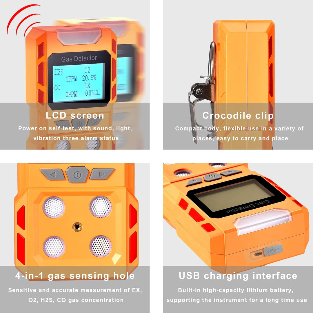 Scondaor Tragbarer 4-in-1-Gasmelder, tragbarer Gaslecksuchgerät mit digitaler LCD-Anzeige, 4-Gas Mes