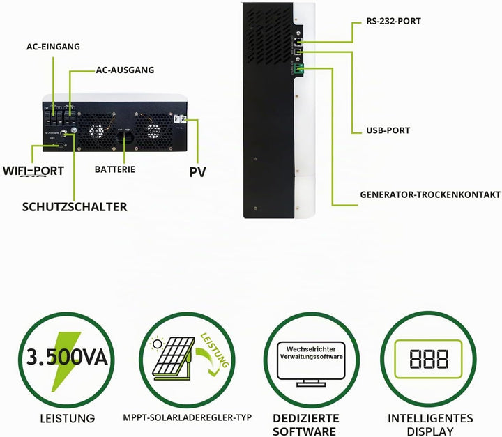 Tecnoware 3500 VA ATA Hybrid-Solarstrom-Wechselrichter - 24V-Batterie – 120V-450V-Solar-Regler MPPT