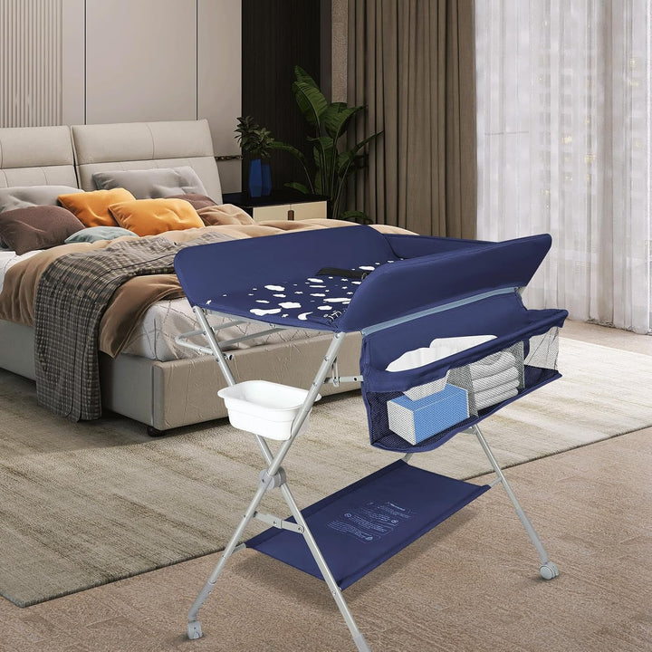 OHMG Baby Wickelkombi Klappbare Wickelkommode,Wickeltisch mit Rollen,Mobiler Wickeltisch mit Wickela