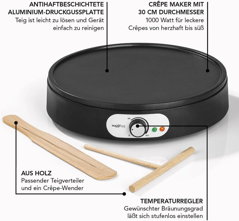 MAXXMEE Crepes Maker mit Teigverteiler & Wender aus Holz | Crêpe Maker mit Ø 30 cm, antihaftbeschich