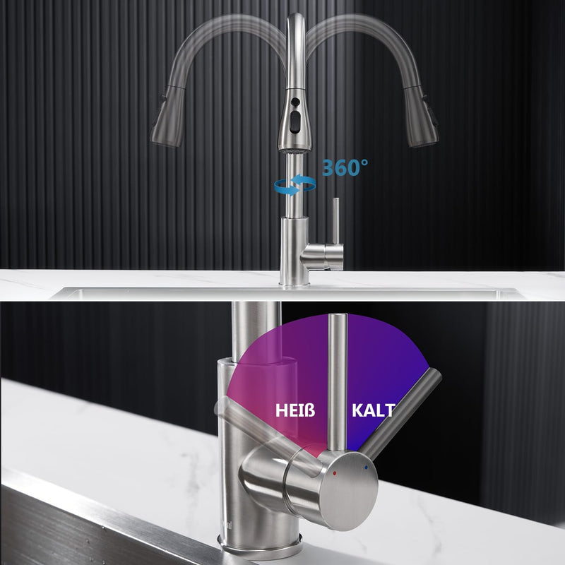 Ulytid Wasserhahn Küche Ausziehbar, Hochdruck Küchenarmatur mit Brause Ausziehbar 3 Modus, Mischbatt