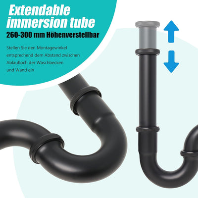 Siphon Waschbecken Schwarz【Extra Lang 200mm Tauchrohr】Universal Syphon Badezimmer Waschbecken 1 1/4"