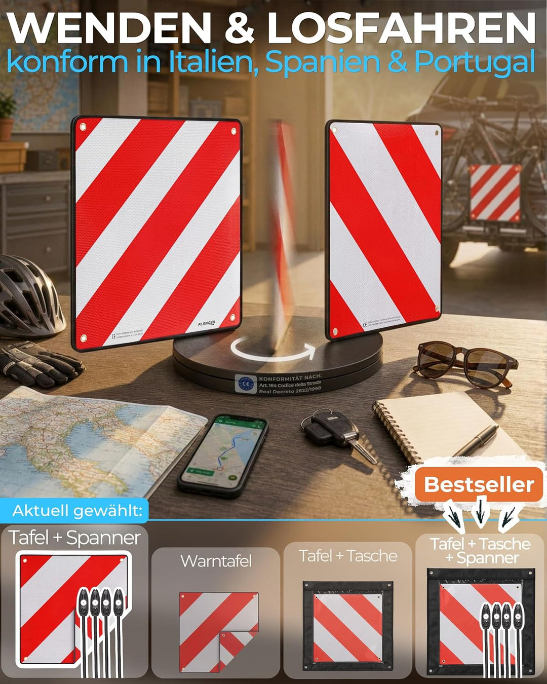 PLANGER® - Warntafel Italien und Spanien (Schild + Gepäckspanner) 2in1 (50 x 50 cm) - Reflektierende