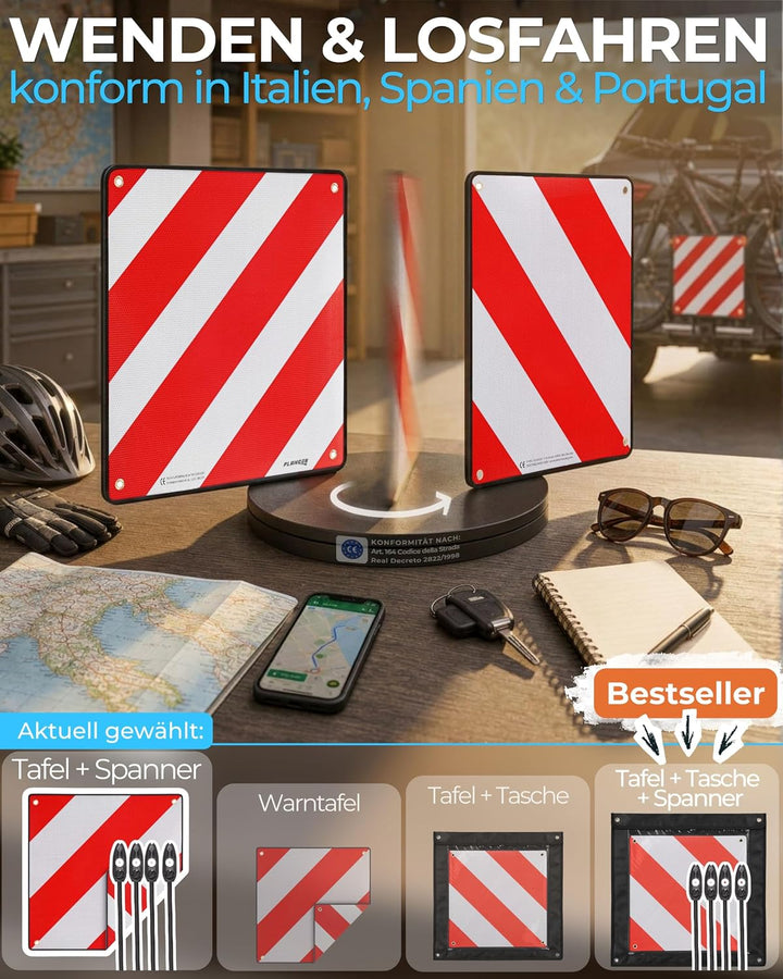 PLANGER® - Warntafel Italien und Spanien (Schild + Gepäckspanner) 2in1 (50 x 50 cm) - Reflektierende