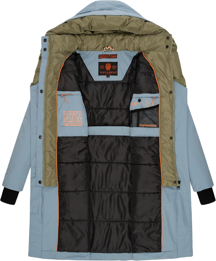 Navahoo Damen Mantel Lange warme Winter Steppjacke mit Kapuze Snowelf XS-XXL S Powder Blue, S Powder