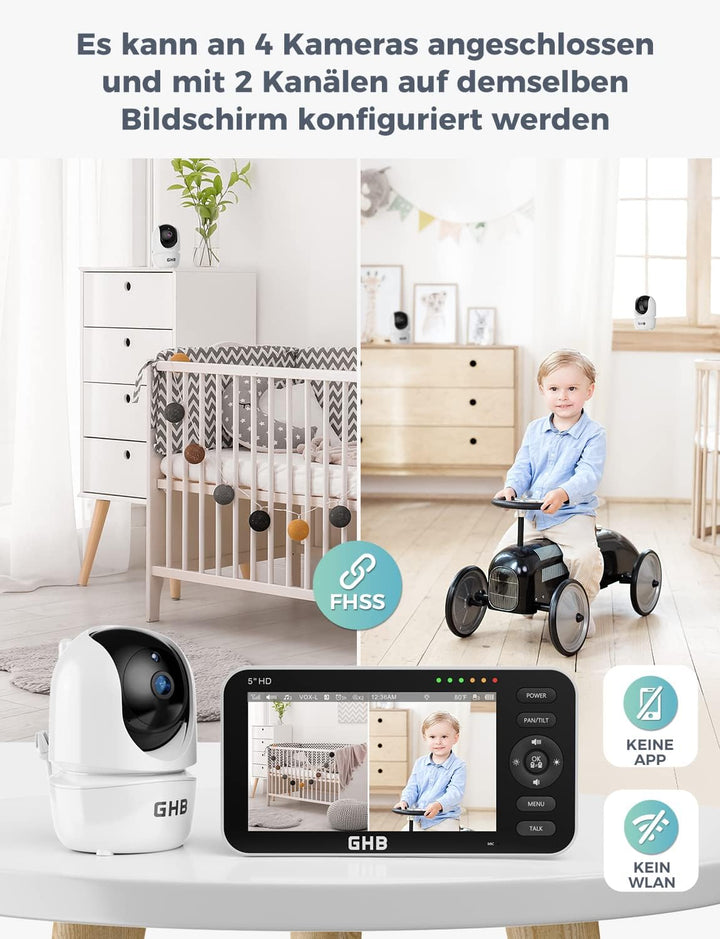 GHB Babyphone mit 2 Kameras 5 Zoll 720P HD IPS-Display Babyphone Kamera VOX-Modus Gegensprechen Nach