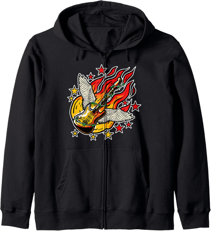 Rock n Roll E-Gitarre in Flammen Gitarren Spieler Kapuzenjacke