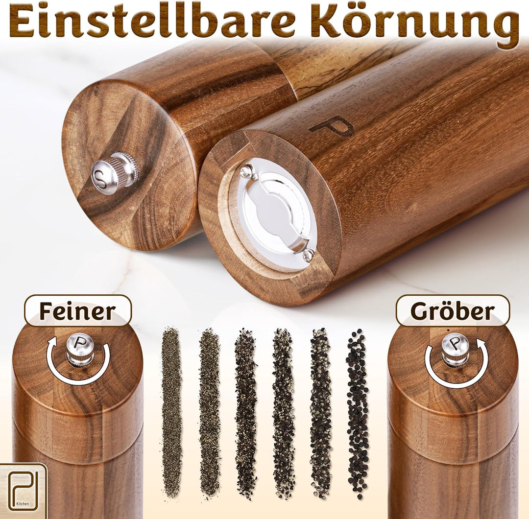 Grosses Salz- und Pfeffermühlenset - 28 g, Mühlen aus Akazienholz - Nachfüllbare manuelle Grobkorn-S