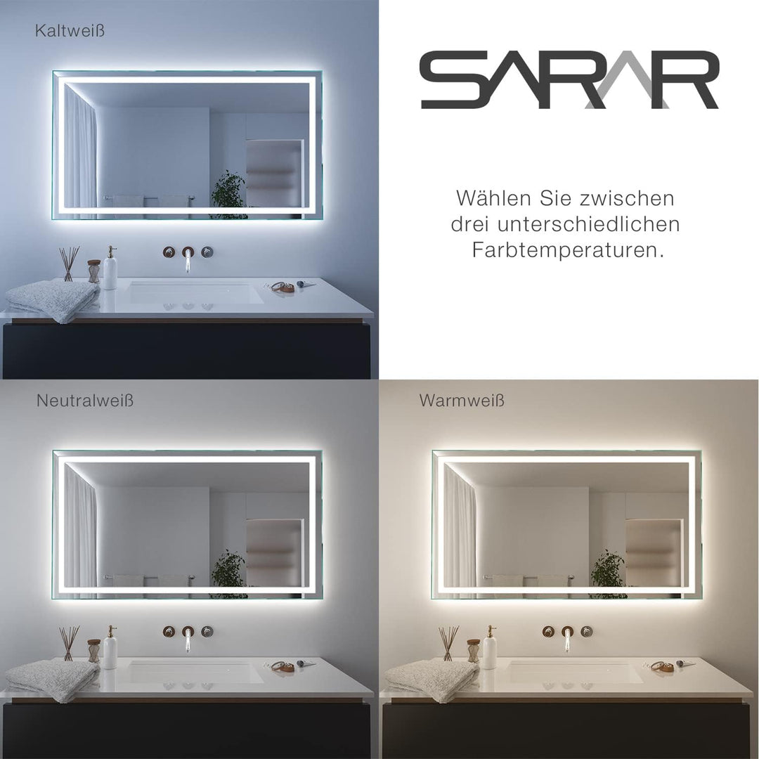 SARAR Badspiegel Spiegel Badezimmerspiegel mit schmaler rundum LED-Beleuchtung 140x70 cm Made in Ger