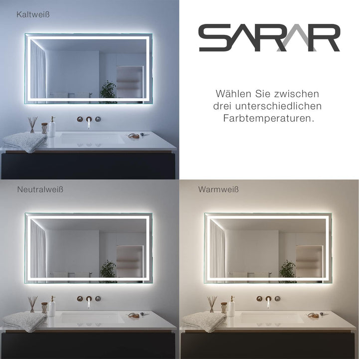 SARAR Badspiegel Spiegel Badezimmerspiegel mit schmaler rundum LED-Beleuchtung 140x70 cm Made in Ger