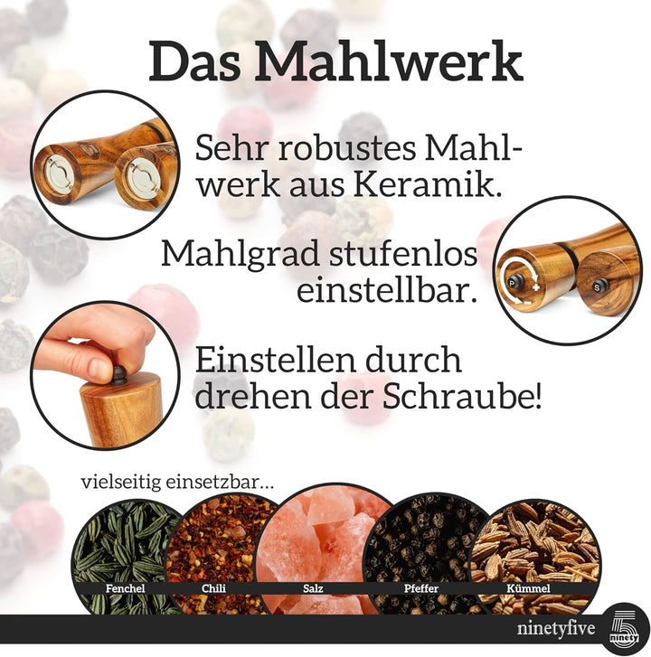 ninetyfive® edles Pfeffermühlen Set aus Holz | Salz und Pfeffermühle + Untersetzer und Einfülllöffel