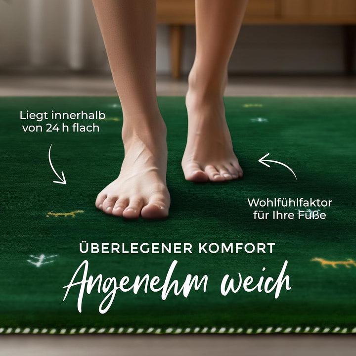 carpetfine Wollteppich Gabbeh Uni Grün 60x90 cm | Moderner Teppich für Wohn- und Schlafzimmer 60x90