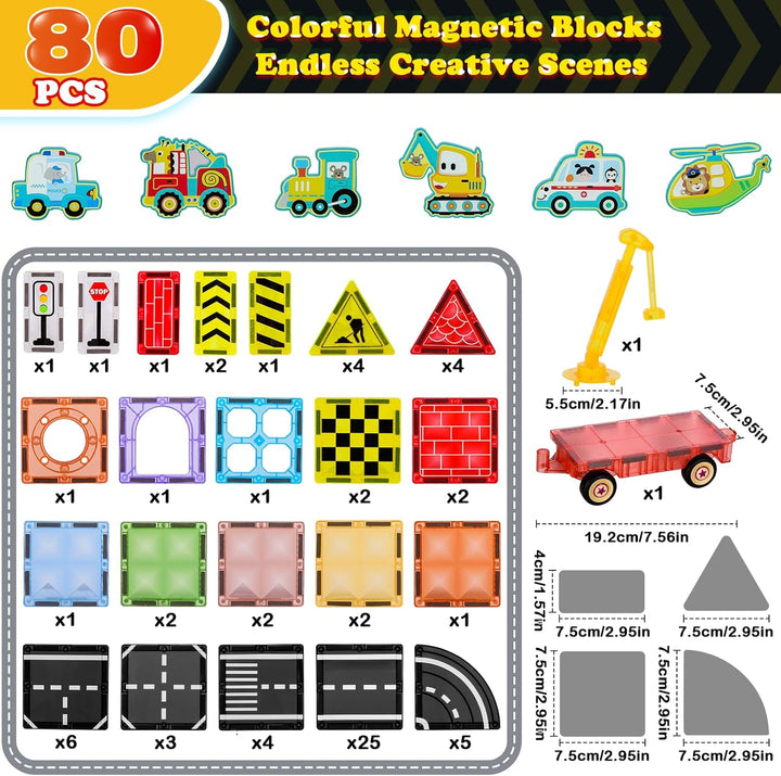 80PCS Magnetische Bausteine Strassenset, 7,5 cm Grosse Magnetische Bausteine inkl. Flugzeug Auto für
