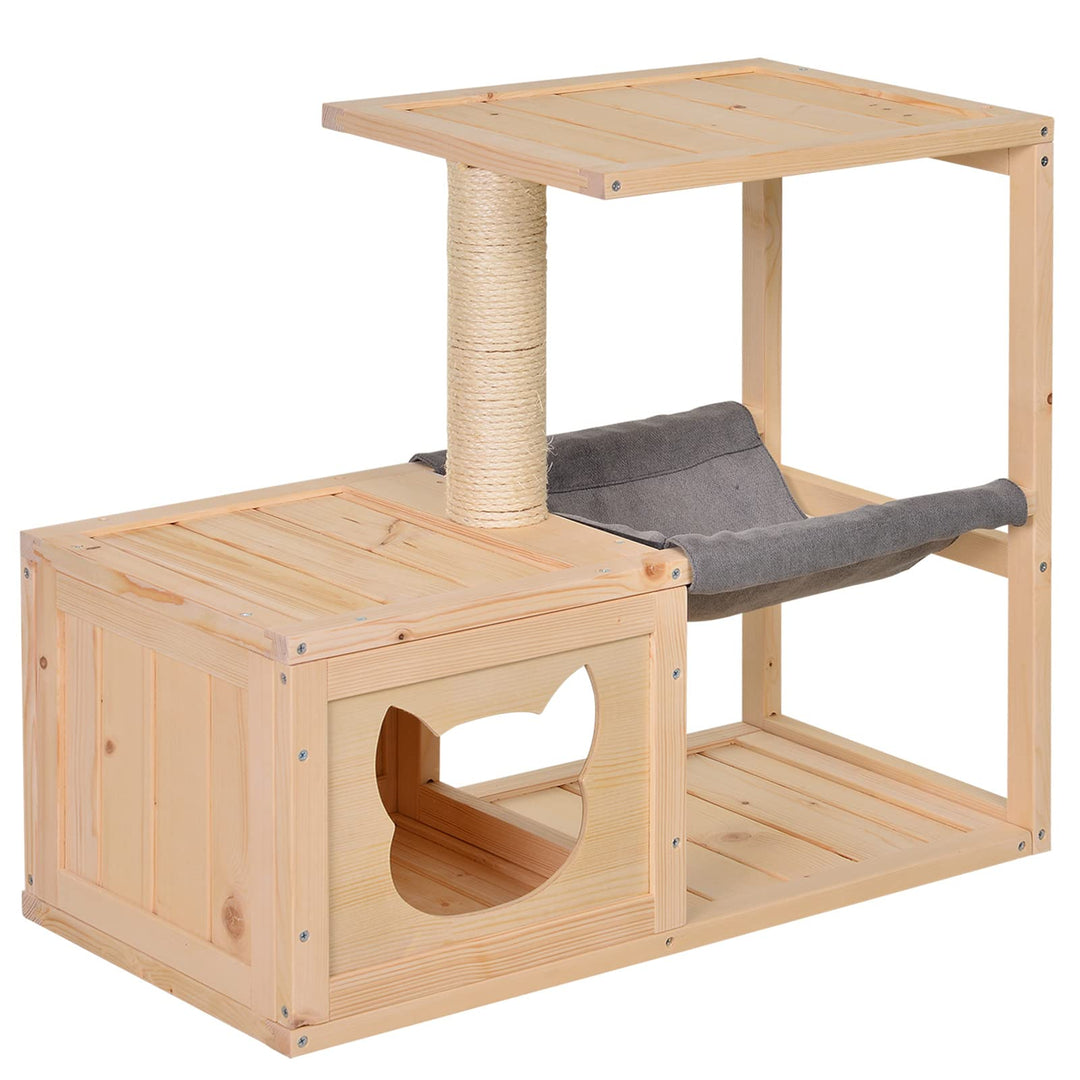PawHut Katzenhöhle, Katzenbett mit Hängematte, Sisalstamm, Plattform Katzenhaus aus Holz Kratzbaum f