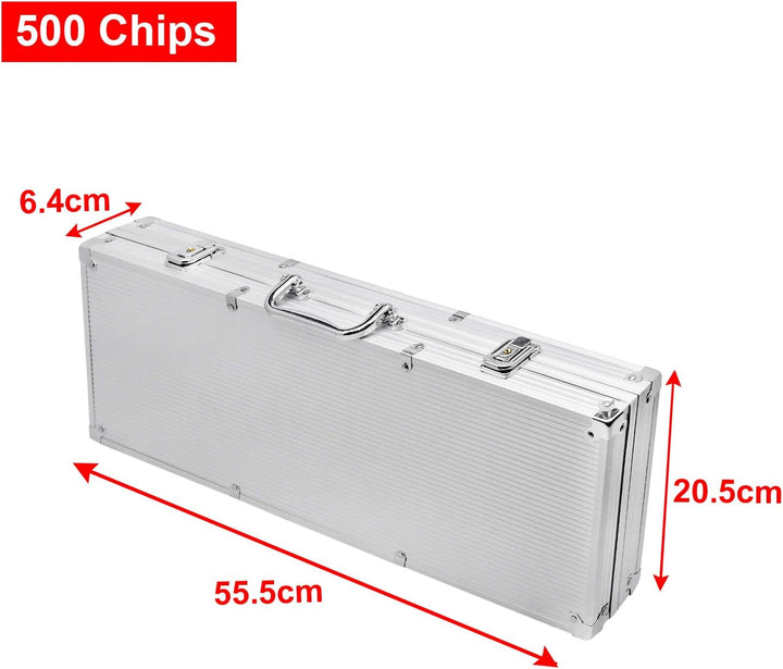 Pokerkoffer Set 500 Chips Pokerset mit 2 Pokerdecks, 5 Würfeln & Dealer-Buttons im Aluminiumkoffer (