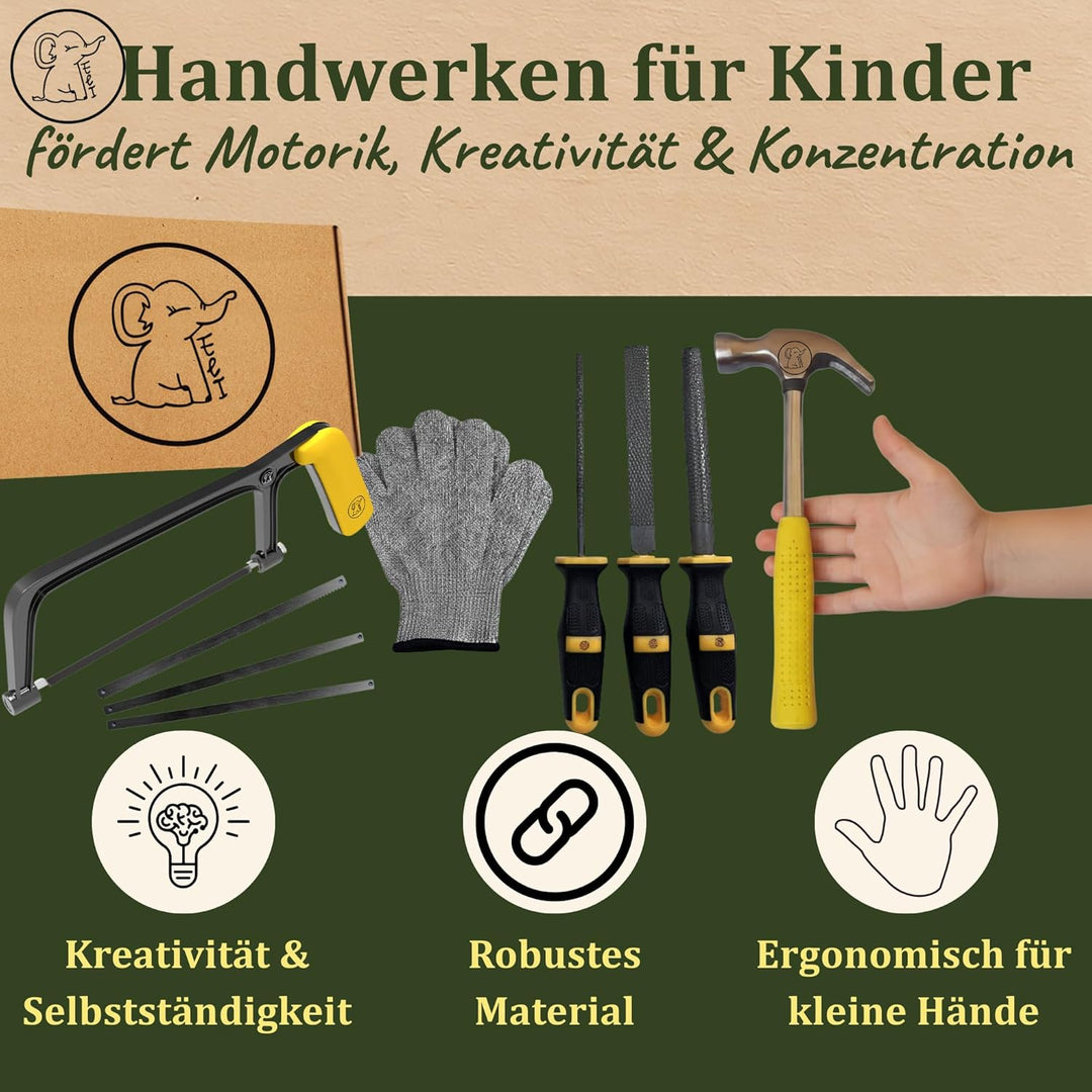 Eli® Werkzeug für Kinder inkl Schutzhandschuhe - Holzraspel - Säge - Hammer - Werkzeuge für Holz - r