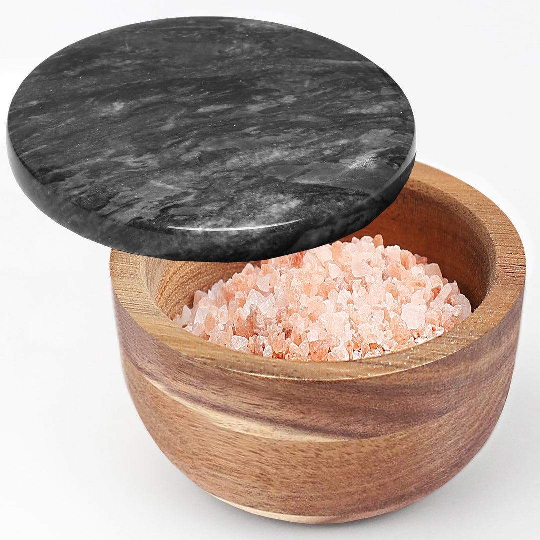 Holz Salz Box Gewürzdose Gewürzbehälter Massiv Natur Akazie Boden Marmor Deckel Elegant Design Deko