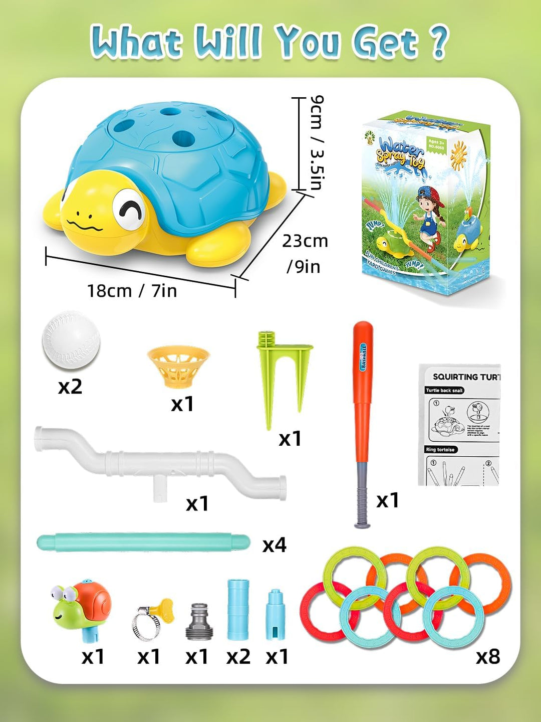 4 in 1 Wasserspielzeug Kinder Outdoor, Sommer Schildkröte Wassersprinkler Spielzeug mit Baseball, Wu