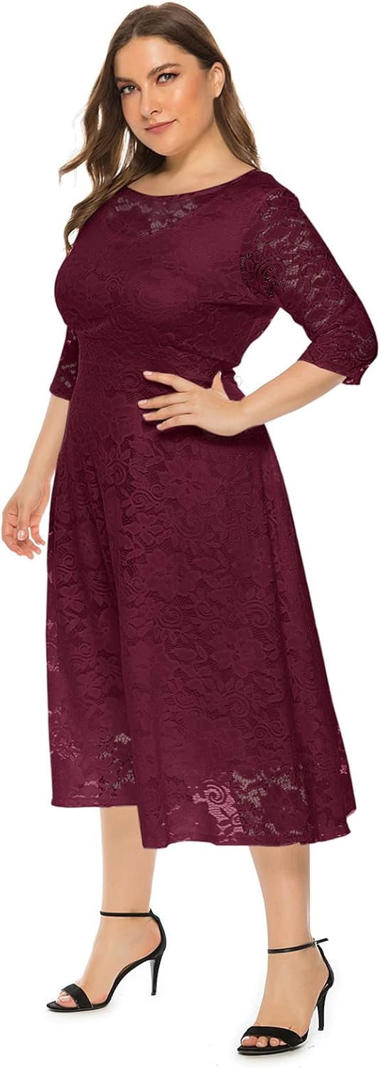 Odizli Damen Elegant 3/4 Ärmel Spitzenkleid Hochzeit Festlich Coctailkleid Abendkleid Grosse Grössen