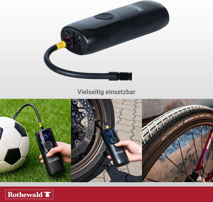 Rothewald Akku Druckluftpumpe 10 Bar, Elektrische Luftpumpe mit Digitalem Manometer, Reifenpumpe für