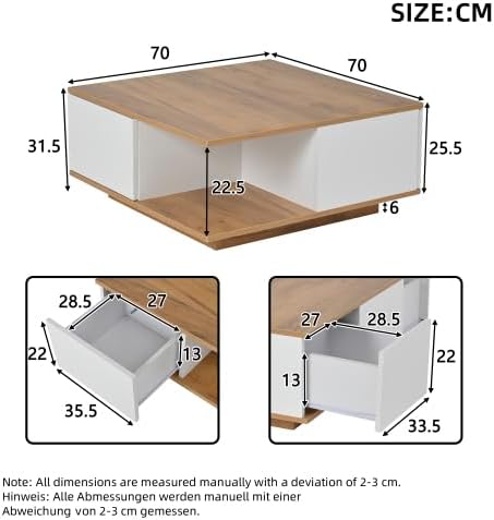 Merax Moderner Couchtisch Weiss + Holzfarbe – Quadratischer Sofatisch mit 3 Schubladen und Hochglanz