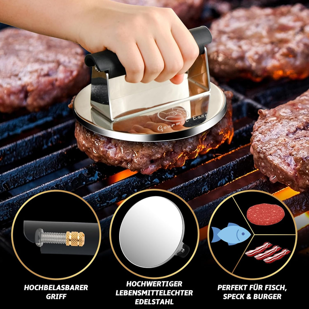 Burgerpresse Edelstahl | Burger Smasher mit hitzeresistentem Griff | Spülmaschinenfeste Burgerpresse