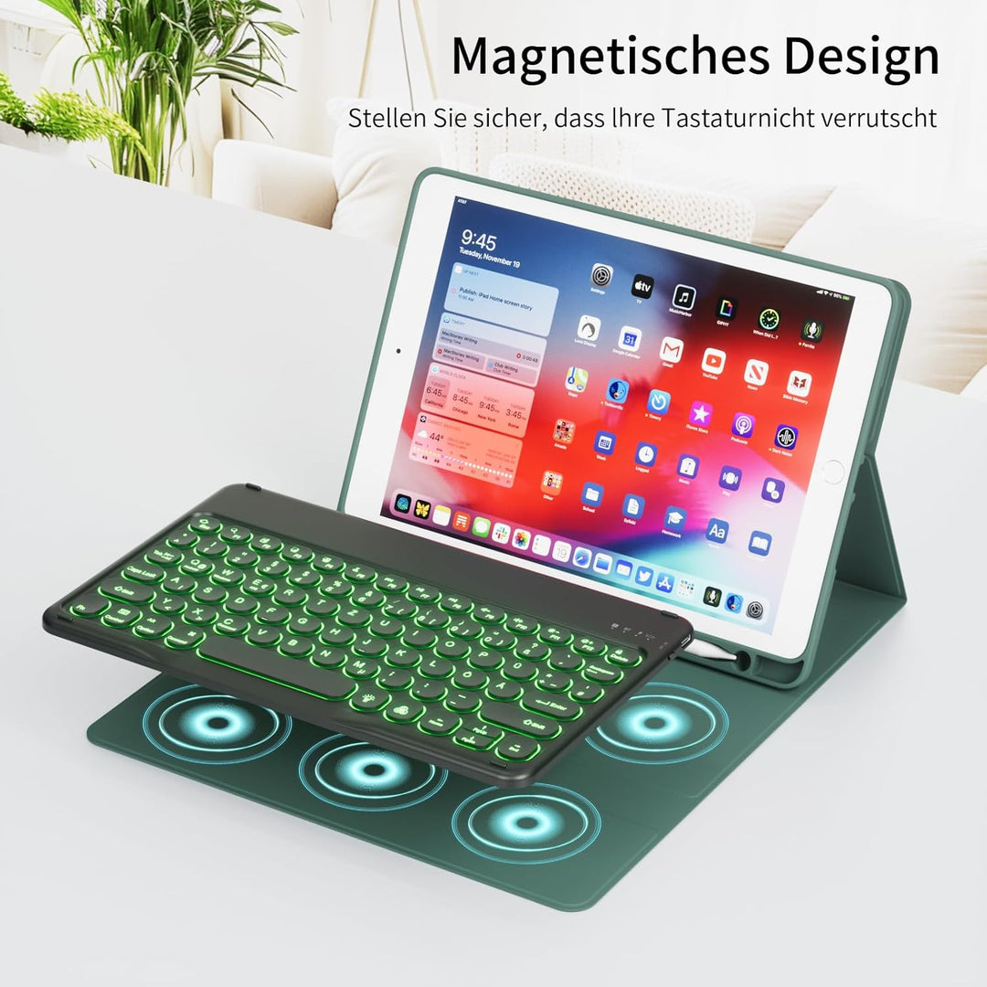 Hülle mit Tastatur für iPad 9/8/7 Generation (2021/2020/2019) 10.2 Zoll Soft TPU Rückschalemit Stift