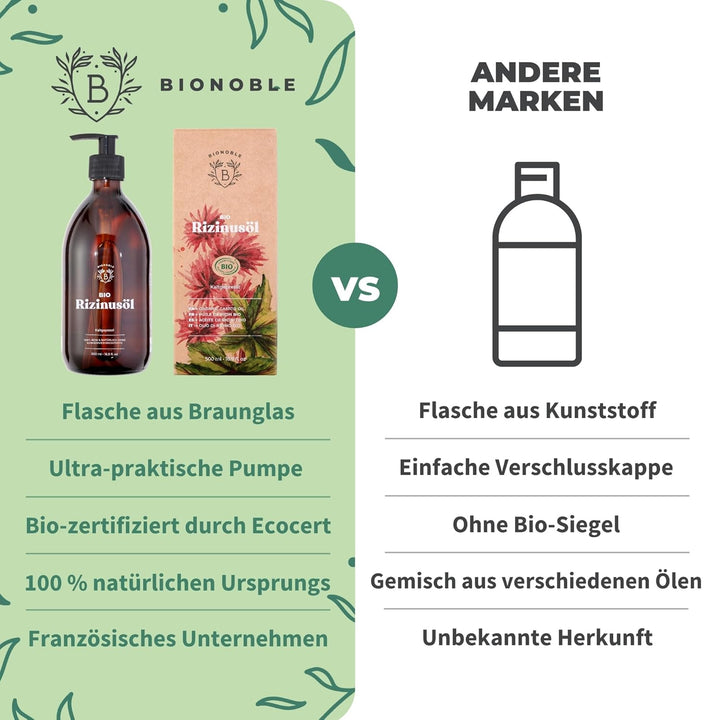 Bionoble Rizinusöl Bio 500ml - 100% Rein, Natürlich, Kaltgepresst - Wimpern, Augenbrauen, Haare, Bar