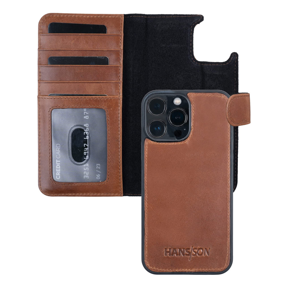 HANS/SON Handyhülle aus Echtleder mit Kartenfächern in Cognac | Braune iPhone 13 Pro Max Klapphülle