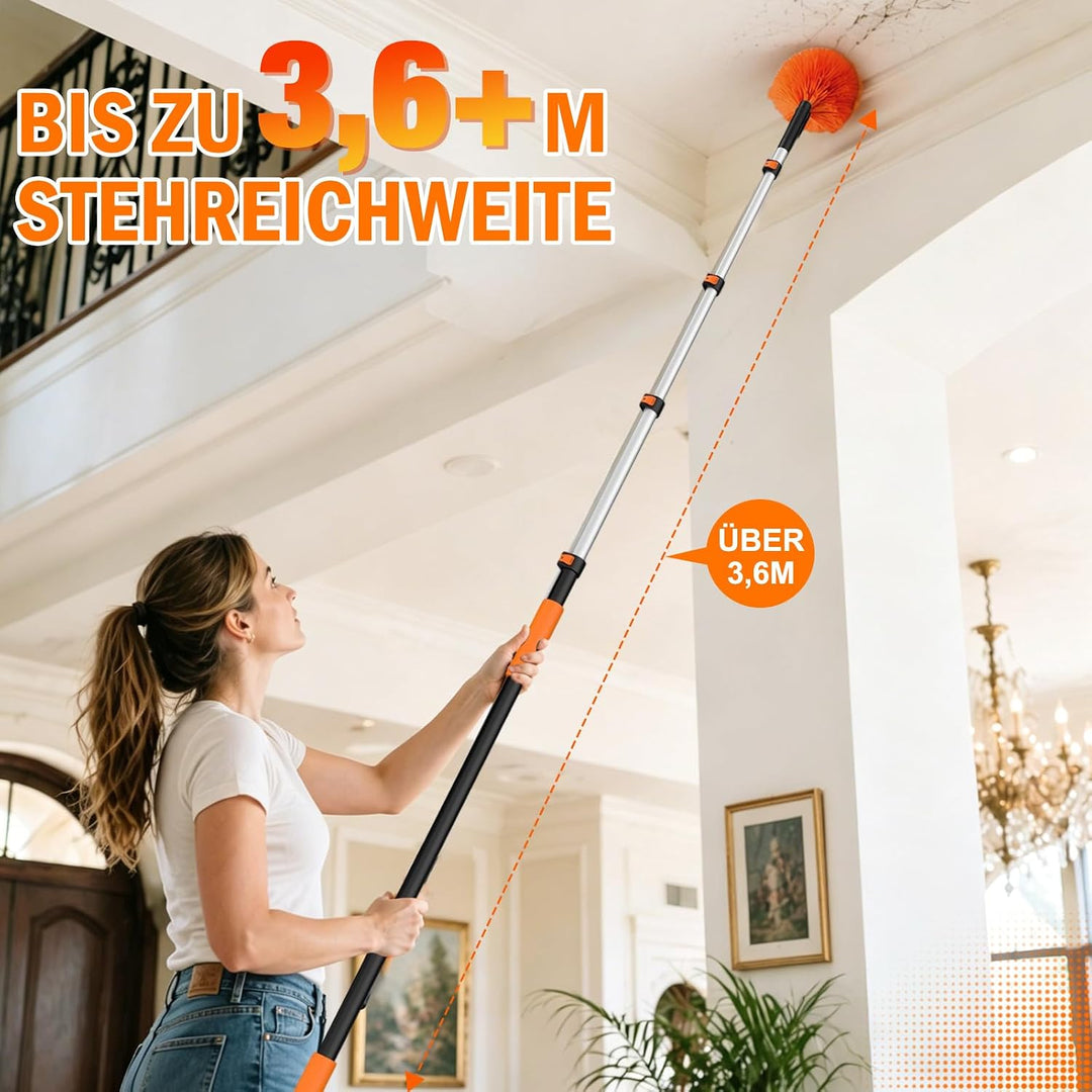 3,6M Staubwedel Teleskop Waschbar, Spinnwebenbesen mit Teleskopstiel, Fensterabzieher zum Reinigen v