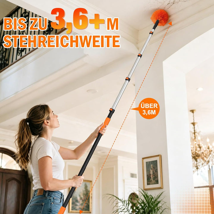3,6M Staubwedel Teleskop Waschbar, Spinnwebenbesen mit Teleskopstiel, Fensterabzieher zum Reinigen v