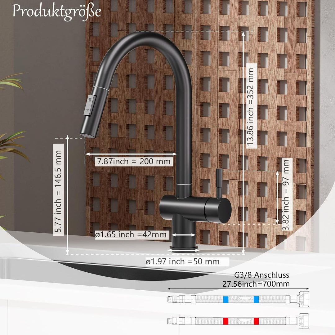 Wasserhahn Küche Schwarz, Hochdruck Küchenarmatur mit Brause Ausziehbar 2 Wasser Modi, 360° Drehbar