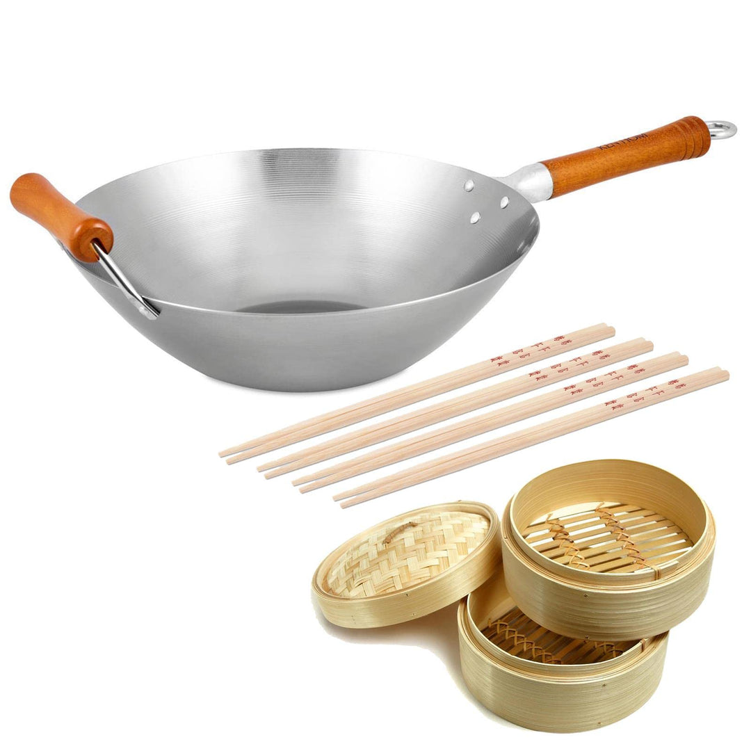 Ken Hom Wok 32 cm 10-tlg. aus unbeschichtetem Karbonstahl mit Gegengriff - induktionsgeeignete Stiel