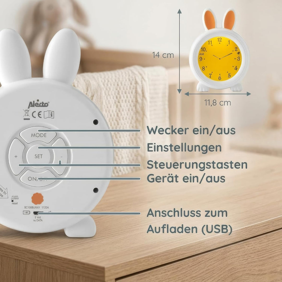 Alecto BC100BUNNY Kinderwecker - Nachttischlampe hilft Kindern EIN Zeitgefühl zu bekommen -Nachtlich